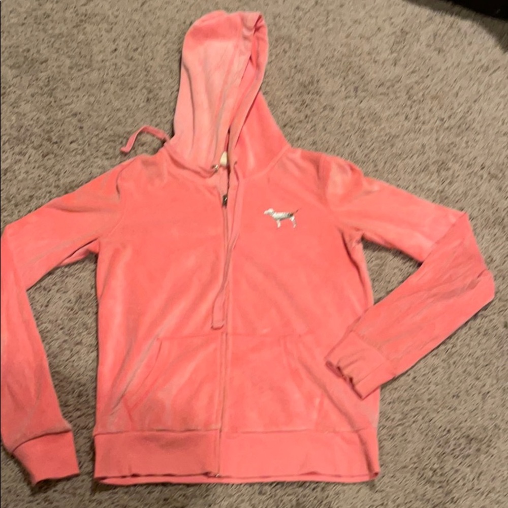 Pink comfy neon coral velvet zip up sweater
